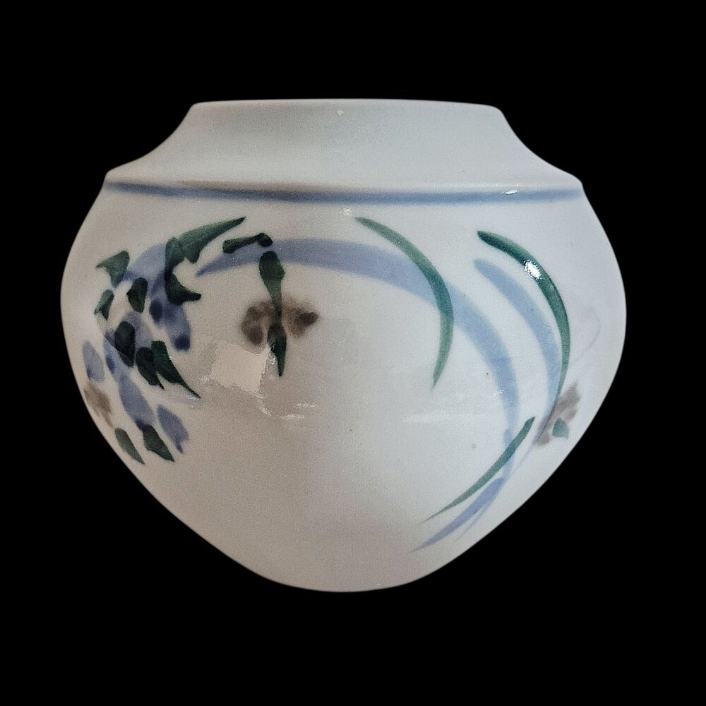 Studio Art Pottery Vase Blue Green Floral Signed Glossy Finish Vintage - Picture 9 of 10